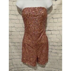 Ohvera Bling Rose Gold Sequined Strapless Playsuit Jumpsuit Shorts Romper Small